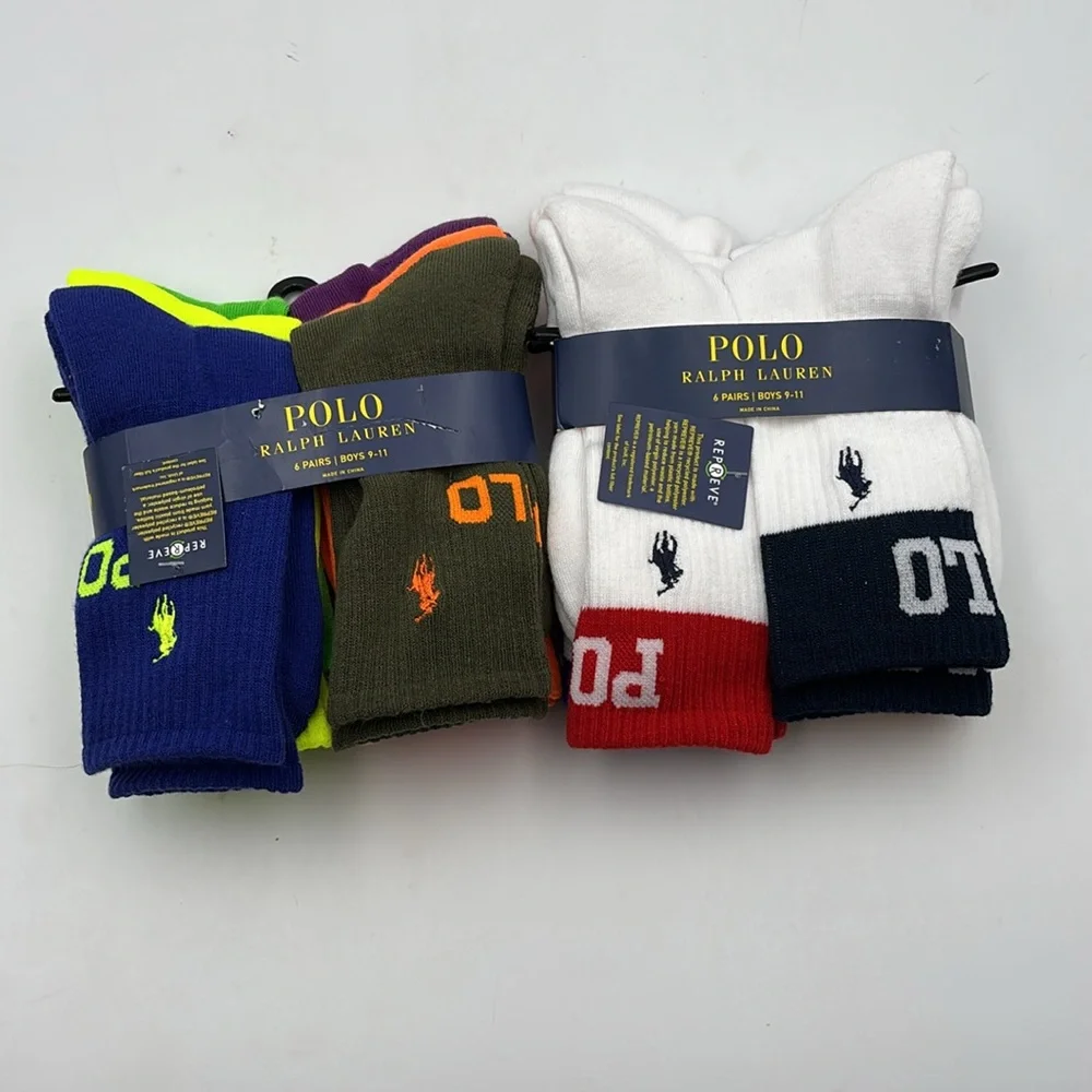 Polo Ralph Lauren Boy's Color Block Cuff Logo & Double Logo Crew Socks 12 Pair